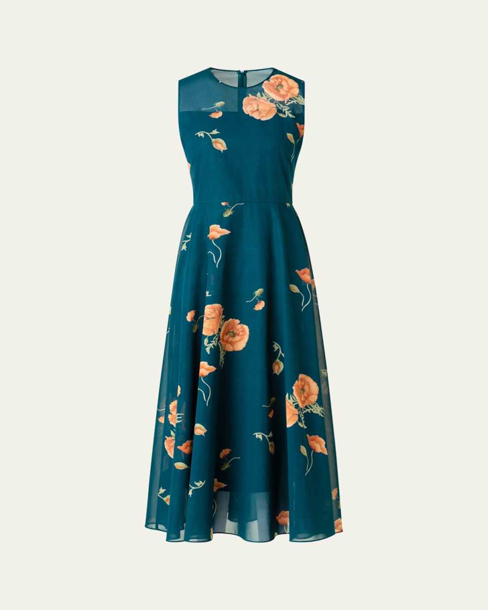 Anemone Print Belted Fit-and-Flare Voile Dress